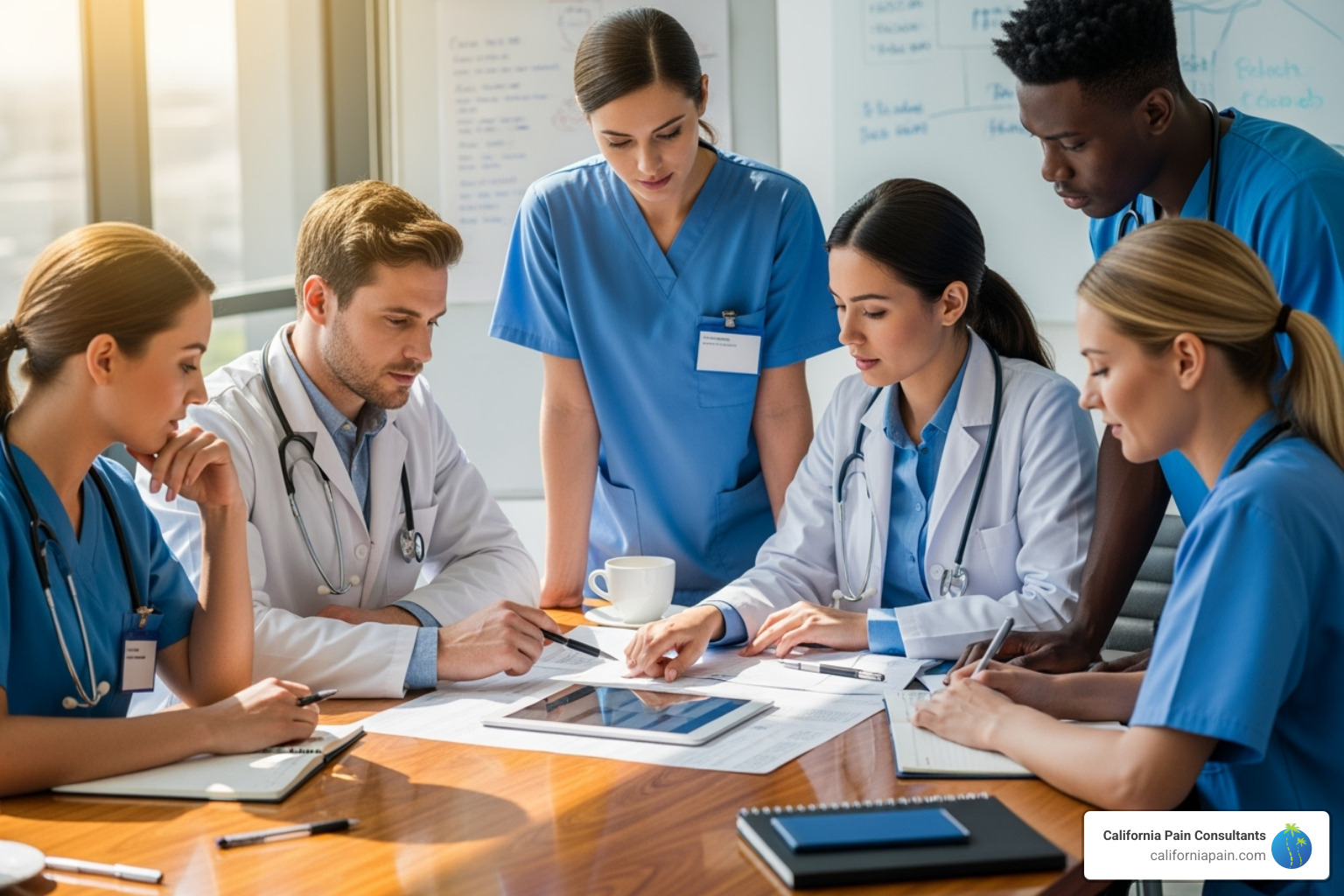 image of a multidisciplinary team meeting to discuss a patient's case - physical rehabilitation