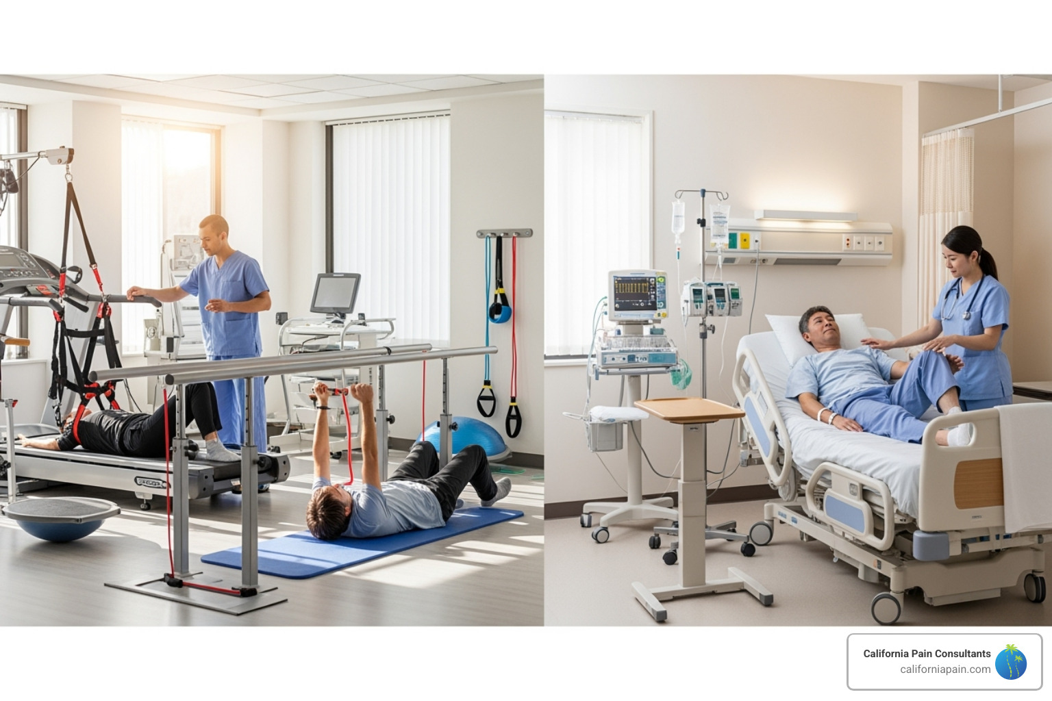 image of different rehabilitation settings (clinic, hospital room) - physical rehabilitation