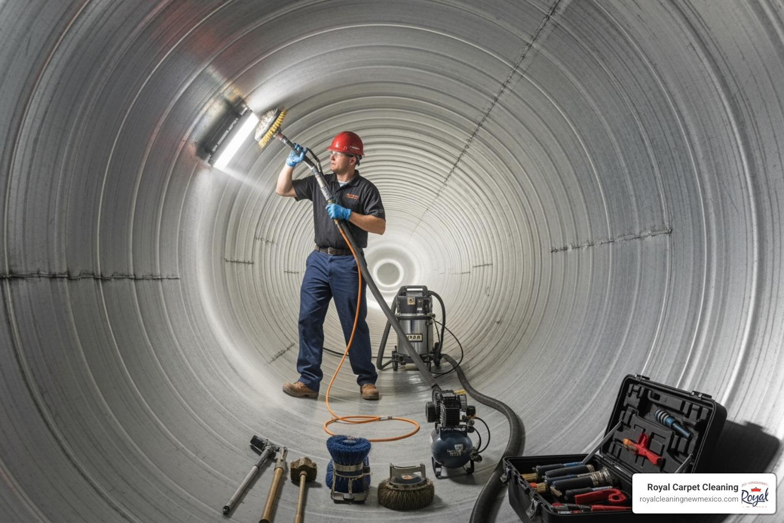 A technician using professional equipment to clean a large commercial air duct - Commercial air duct cleaning
