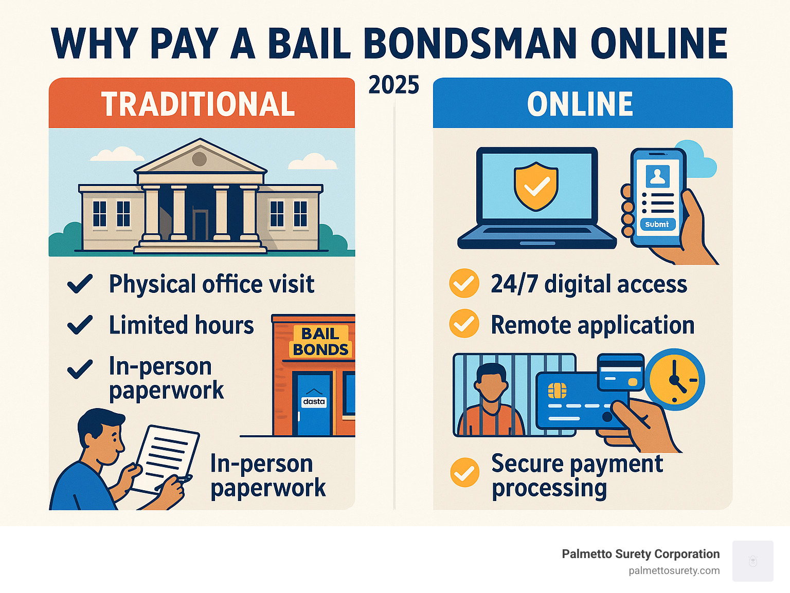 Infographic comparing traditional bail process versus online bail bond services showing traditional method with physical office visits, limited hours, and in-person paperwork versus online method with 24/7 digital access, remote applications, secure payment processing, and faster release times - all featuring american courthouse and jail imagery - why pay a bail bondsman online infographic