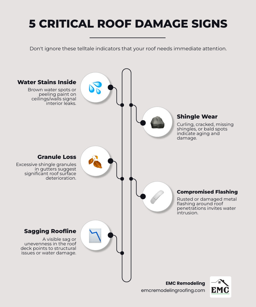 Comprehensive infographic showing the 5 critical warning signs of roof damage: 1) Water stains on ceilings with brown discoloration, 2) Missing or curling shingles on roof surface, 3) Granules collecting in gutters, 4) Damaged flashing around chimneys and vents, 5) Sagging roof deck areas - all illustrated with clear visual examples and brief explanatory text - roofing and roof repairs infographic infographic-line-5-steps-neat_beige