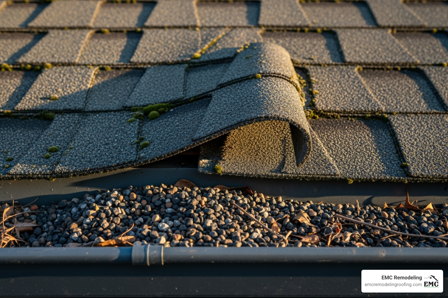 curling shingles and granules in a gutter - roofing and roof repairs