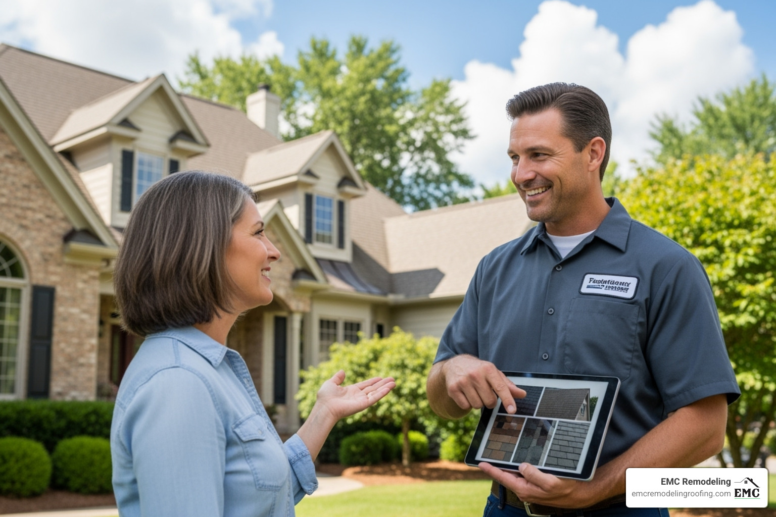 friendly, professional roofer consulting with a homeowner - roofing and roof repairs