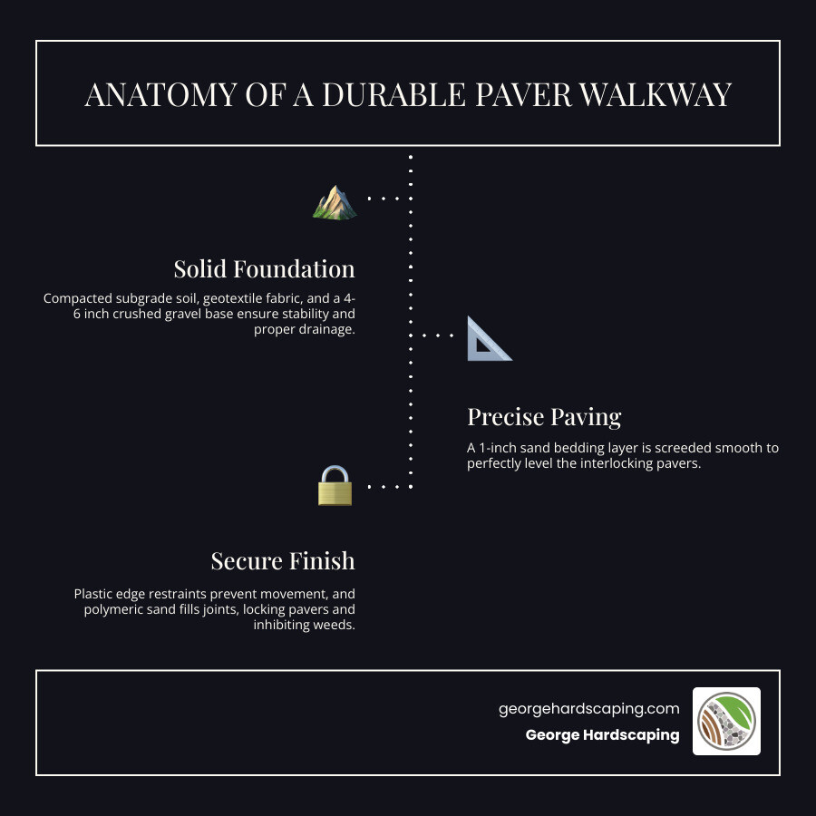 Detailed cross-section diagram showing the layers of a properly installed paver walkway from bottom to top: compacted subgrade soil, geotextile fabric barrier, 4–6 inches of crushed gravel base, 1 inch sand bedding layer, interlocking pavers, plastic edge restraints, and polymeric sand filling the joints - how to install paving stones walkway infographic
