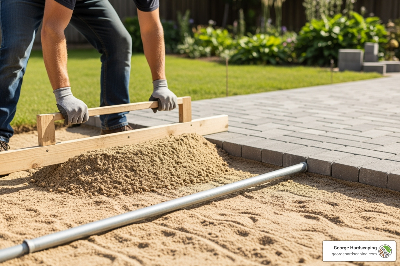 Hands screeding a 1-inch bedding sand layer over compacted gravel base using metal rails and a straight 2x4, demonstrating proper technique and consistent slope - how to install paving stones walkway sand screed