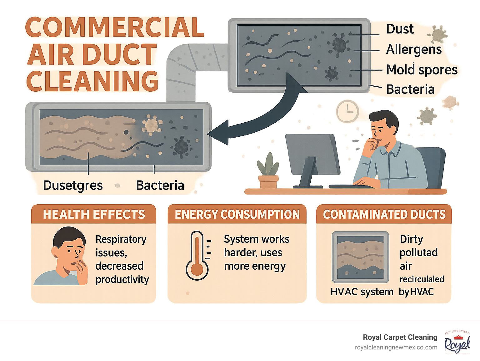 Infographic showing how dust, allergens, mold spores, and bacteria circulate through a commercial HVAC system from contaminated ducts into office spaces, affecting employee health and productivity while forcing the system to work harder and consume more energy - Commercial air duct cleaning infographic 