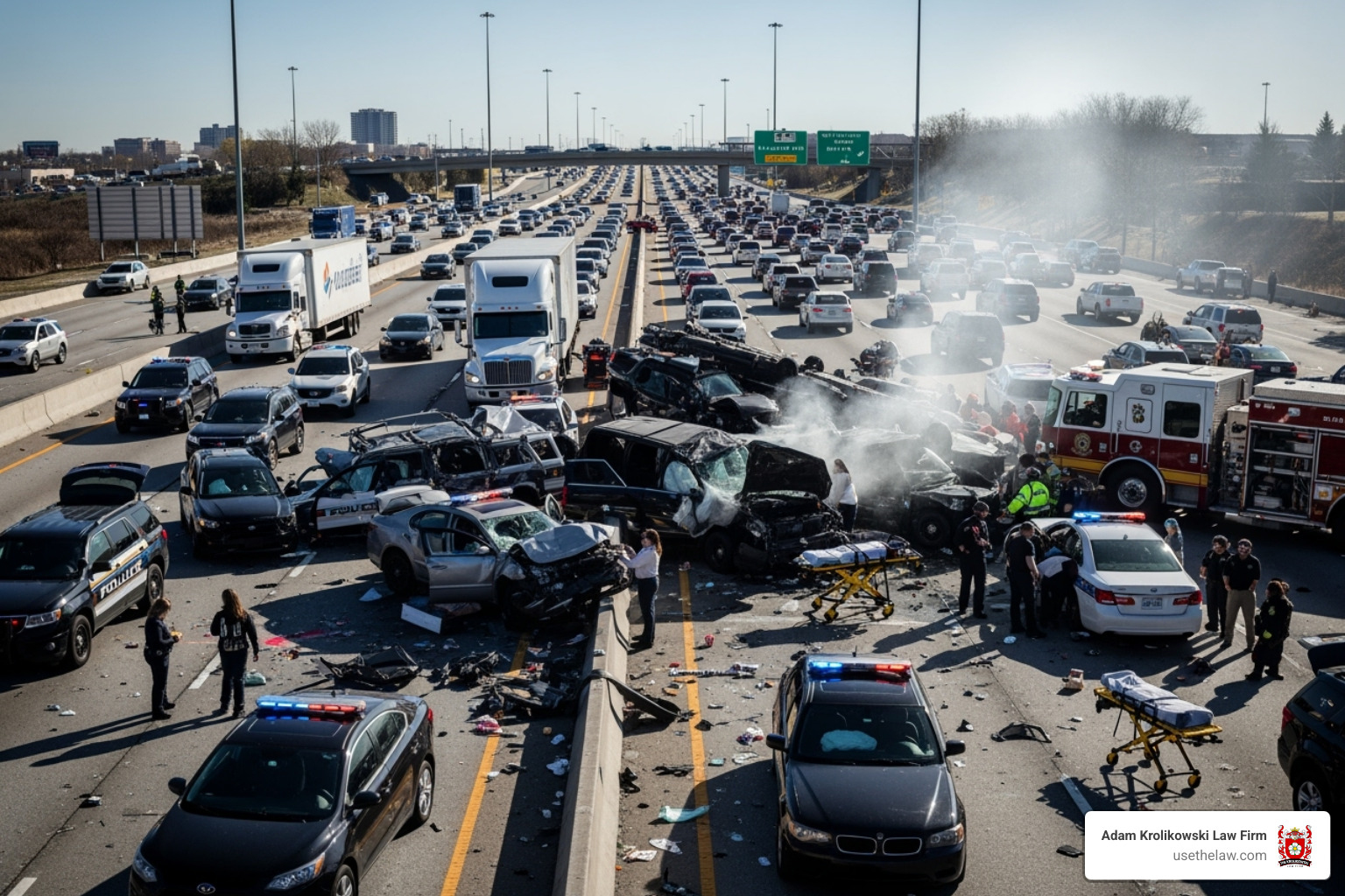 Image of a multi-car pile-up on a highway - injury compensation attorney Image of a multi-car pile-up on a highway - injury compensation attorney