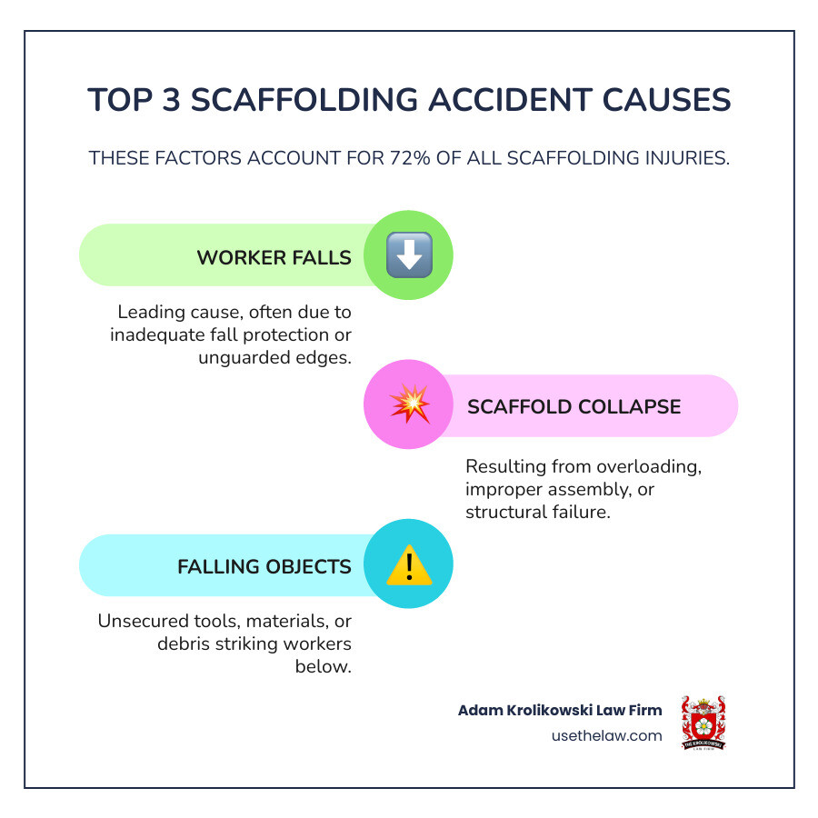 Infographic showing the top 3 causes of scaffolding accidents: worker falls from inadequate fall protection (leading cause), scaffold structural collapse from overloading or improper assembly (second most common), and falling objects striking workers below (third major cause), with statistics showing these account for 72% of all scaffolding injuries - scaffolding accident lawyers infographic infographic-line-3-steps-colors
