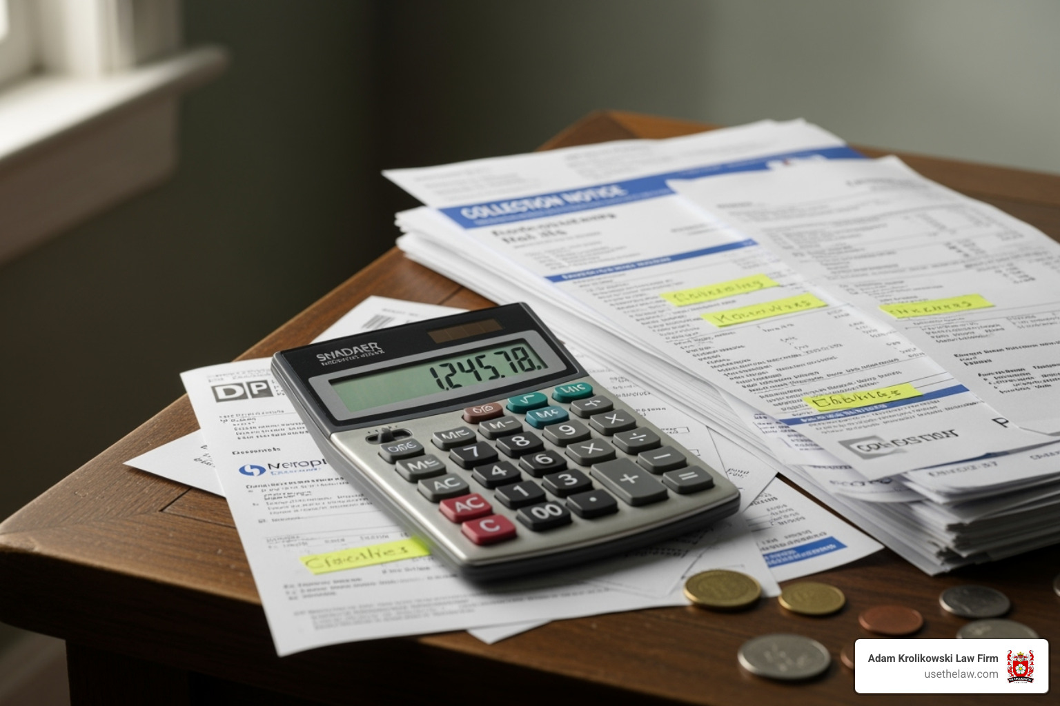 Image of a calculator and medical bills - injury compensation attorney Image of a calculator and medical bills - injury compensation attorney