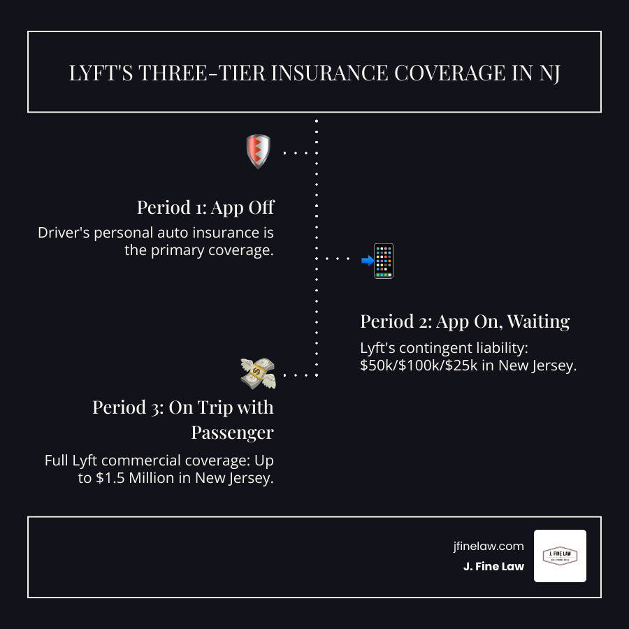 Infographic showing Lyft's three-tier insurance coverage system: Period 1 (App Off - Personal Insurance Only), Period 2 (App On, Waiting - Limited Lyft Coverage of $50k/$100k/$25k), and Period 3 (On Trip - Full $1.5 Million Lyft Coverage in New Jersey) - new jersey lyft accident lawyer infographic infographic-line-3-steps-dark