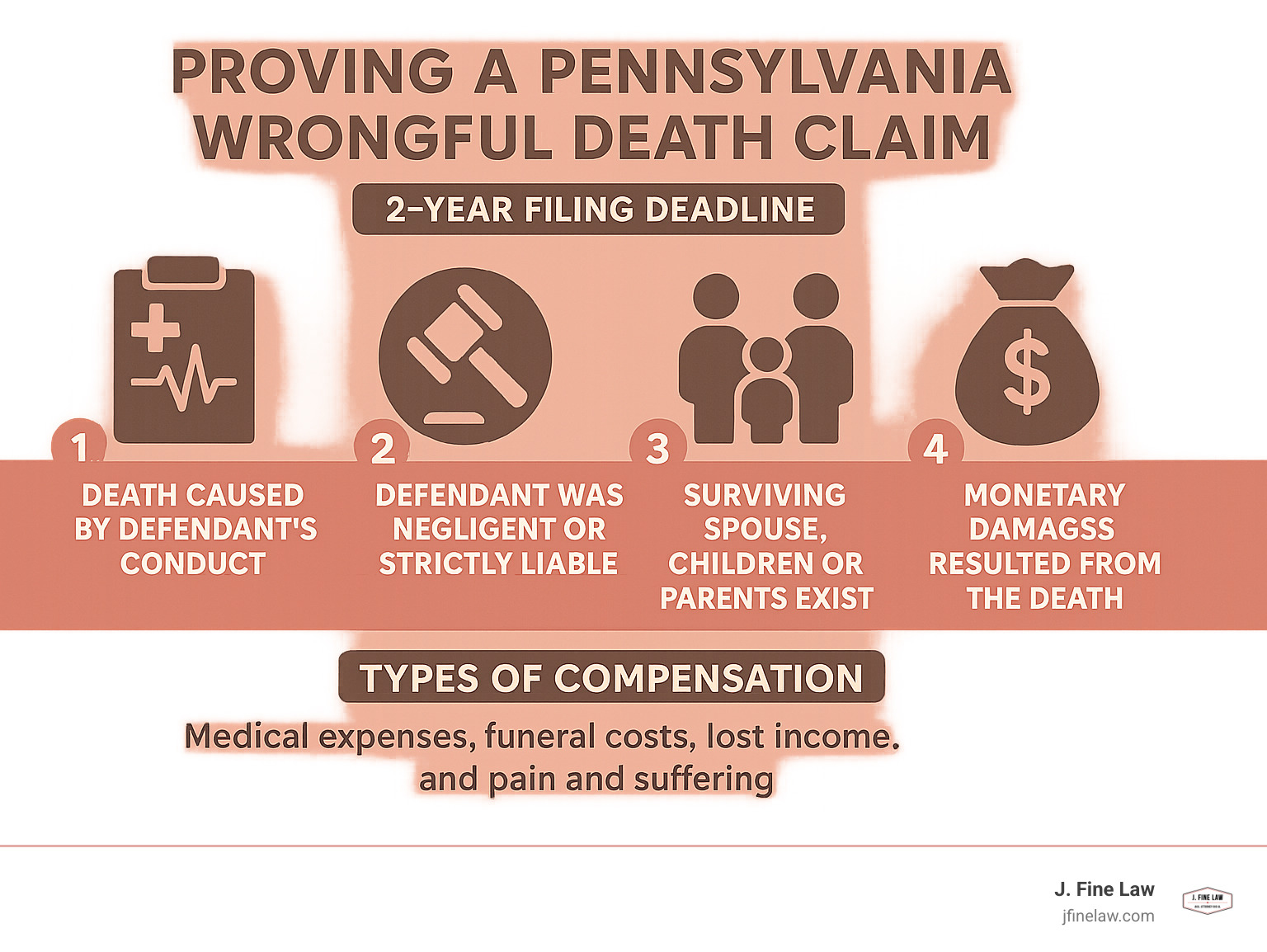 Detailed infographic showing the 4 core elements required to prove a Pennsylvania wrongful death claim: 1) Death caused by defendant's conduct, 2) Defendant was negligent or strictly liable, 3) Surviving spouse, children or parents exist, 4) Monetary damages resulted from the death, along with the 2-year filing deadline and types of recoverable compensation - pa wrongful death lawyer infographic 