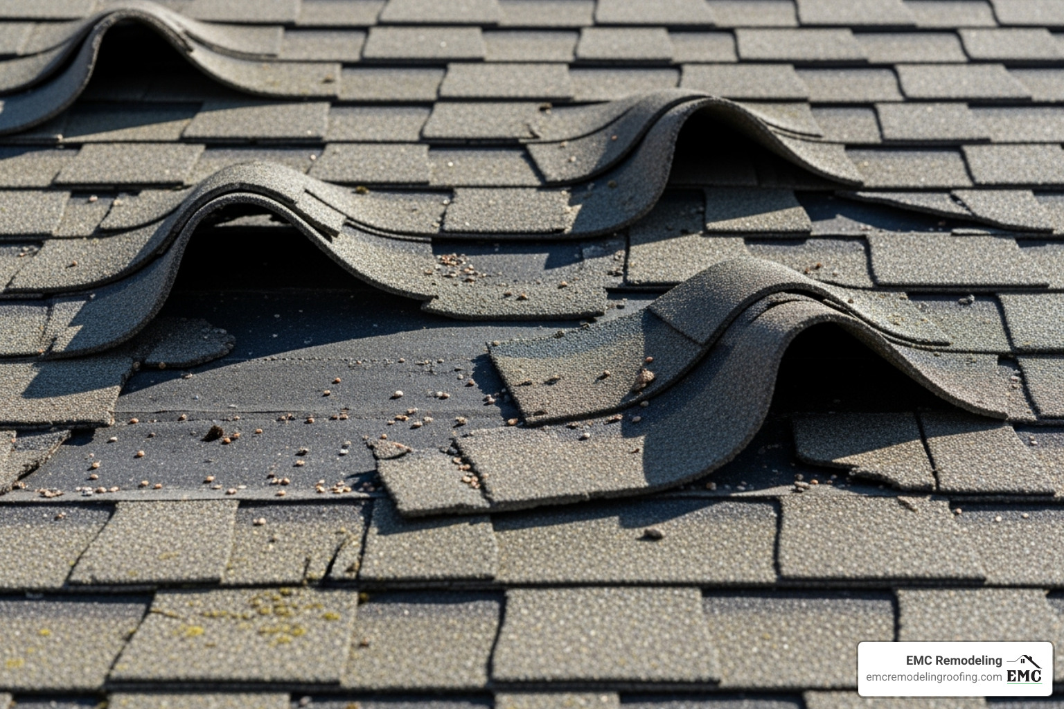 curling and missing asphalt shingles on a roof - roof repairs near me