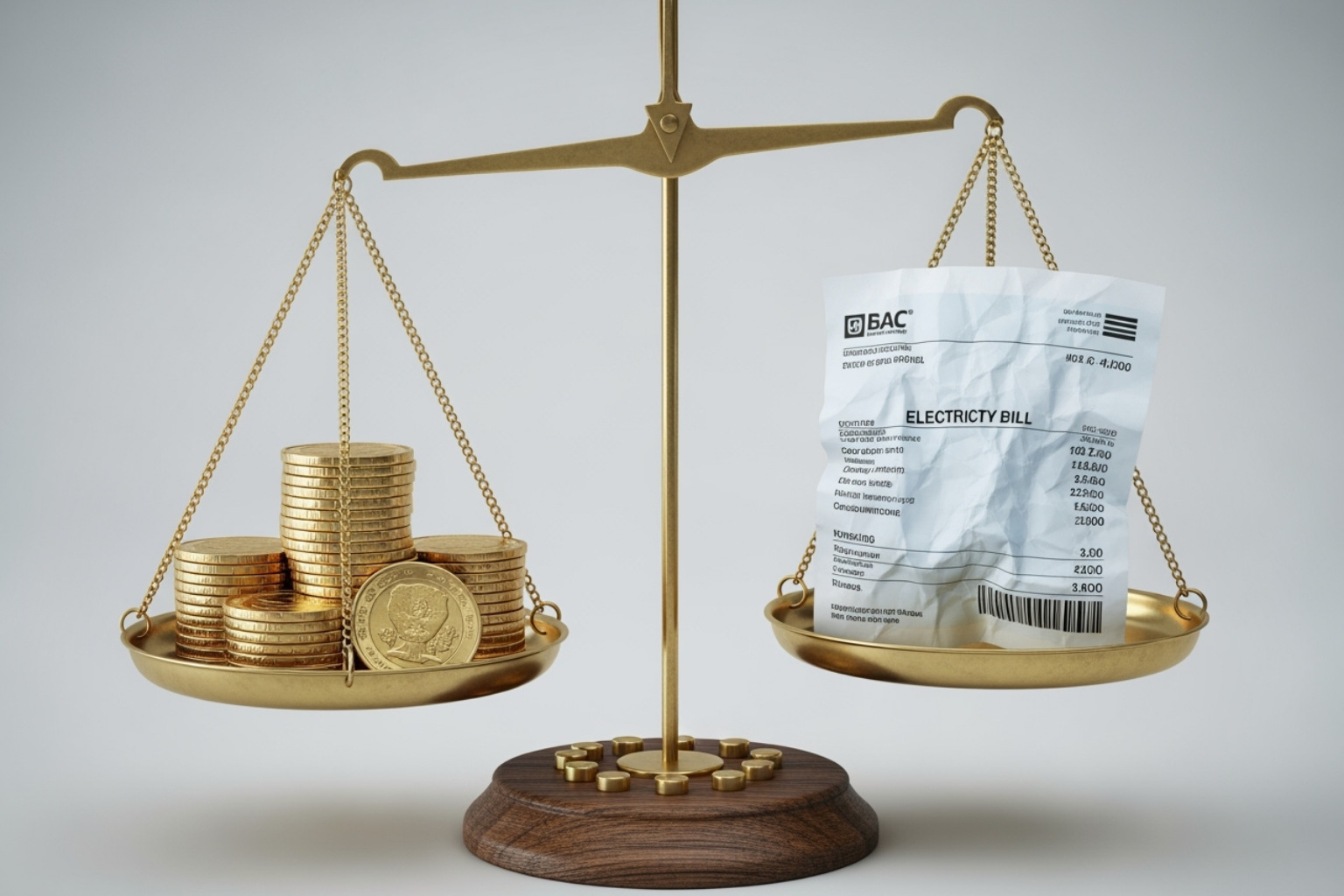 A visual representation of a scale, with one side holding a stack of gold coins symbolizing potential profit, and the other side burdened by a large electricity bill representing operational costs A visual representation of a scale, with one side holding a stack of gold coins symbolizing potential profit, and the other side burdened by a large electricity bill representing operational costs