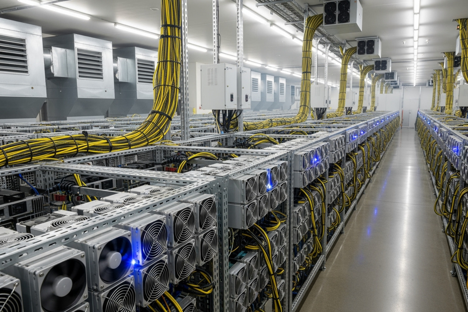 A detailed image of a modern Bitcoin mining setup, showcasing rows of specialized ASIC hardware with cooling fans and power cables, operating in a dedicated facility A detailed image of a modern Bitcoin mining setup, showcasing rows of specialized ASIC hardware with cooling fans and power cables, operating in a dedicated facility