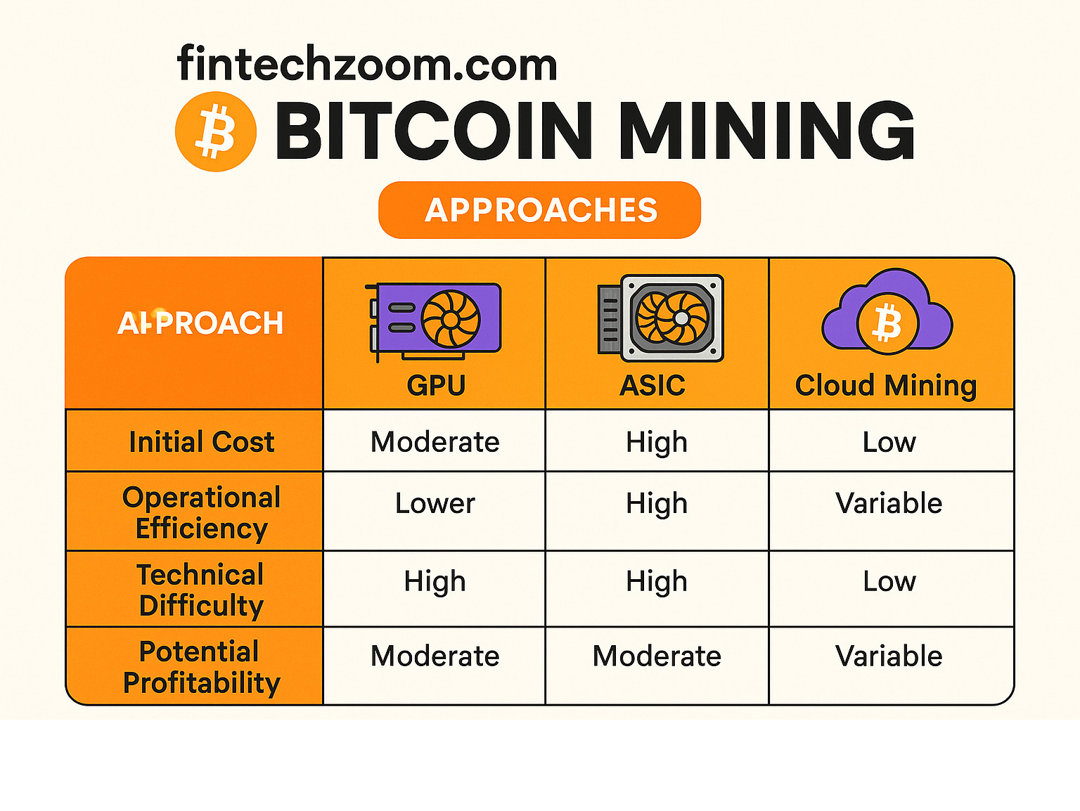 An infographic comparing the different mining approaches (GPU, ASIC, Cloud Mining) in terms of initial cost, operational efficiency, technical difficulty, and potential profitability, presented as a clear table An infographic comparing the different mining approaches (GPU, ASIC, Cloud Mining) in terms of initial cost, operational efficiency, technical difficulty, and potential profitability, presented as a clear table