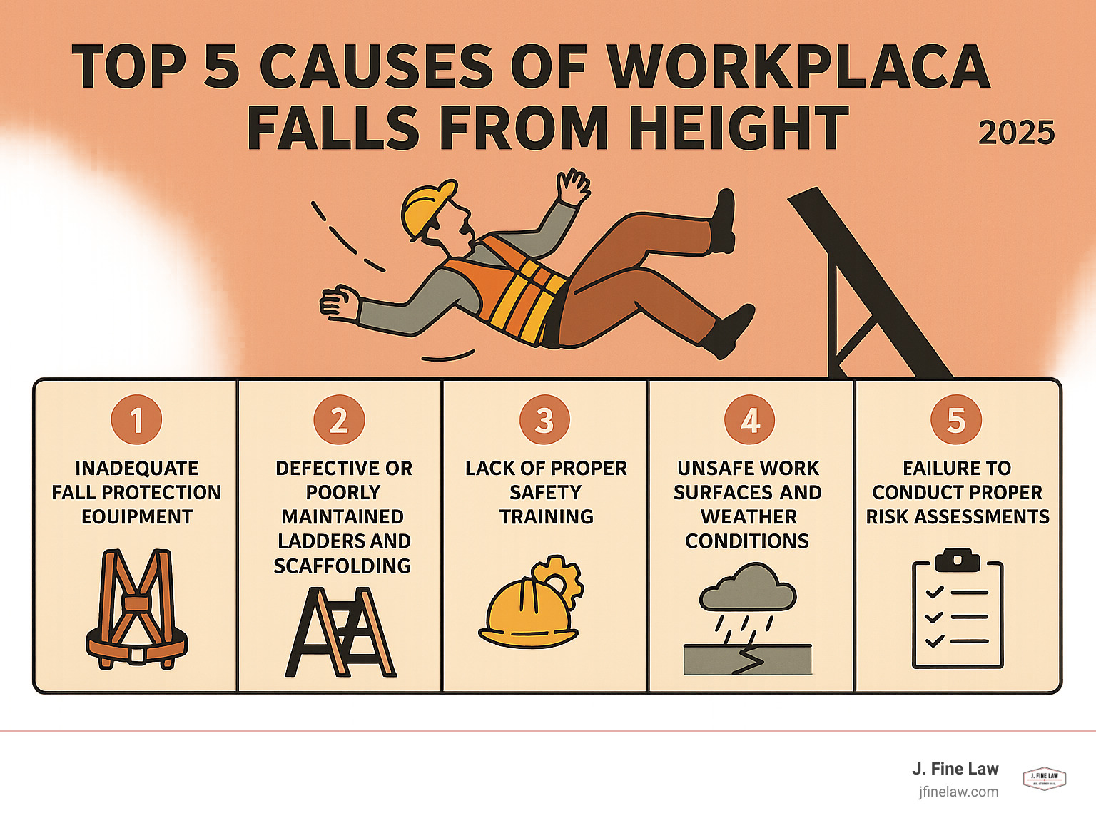 Detailed infographic showing the top 5 causes of workplace falls from height: inadequate fall protection equipment, defective or poorly maintained ladders and scaffolding, lack of proper safety training, unsafe work surfaces and weather conditions, and failure to conduct proper risk assessments - fall from height claim infographic 