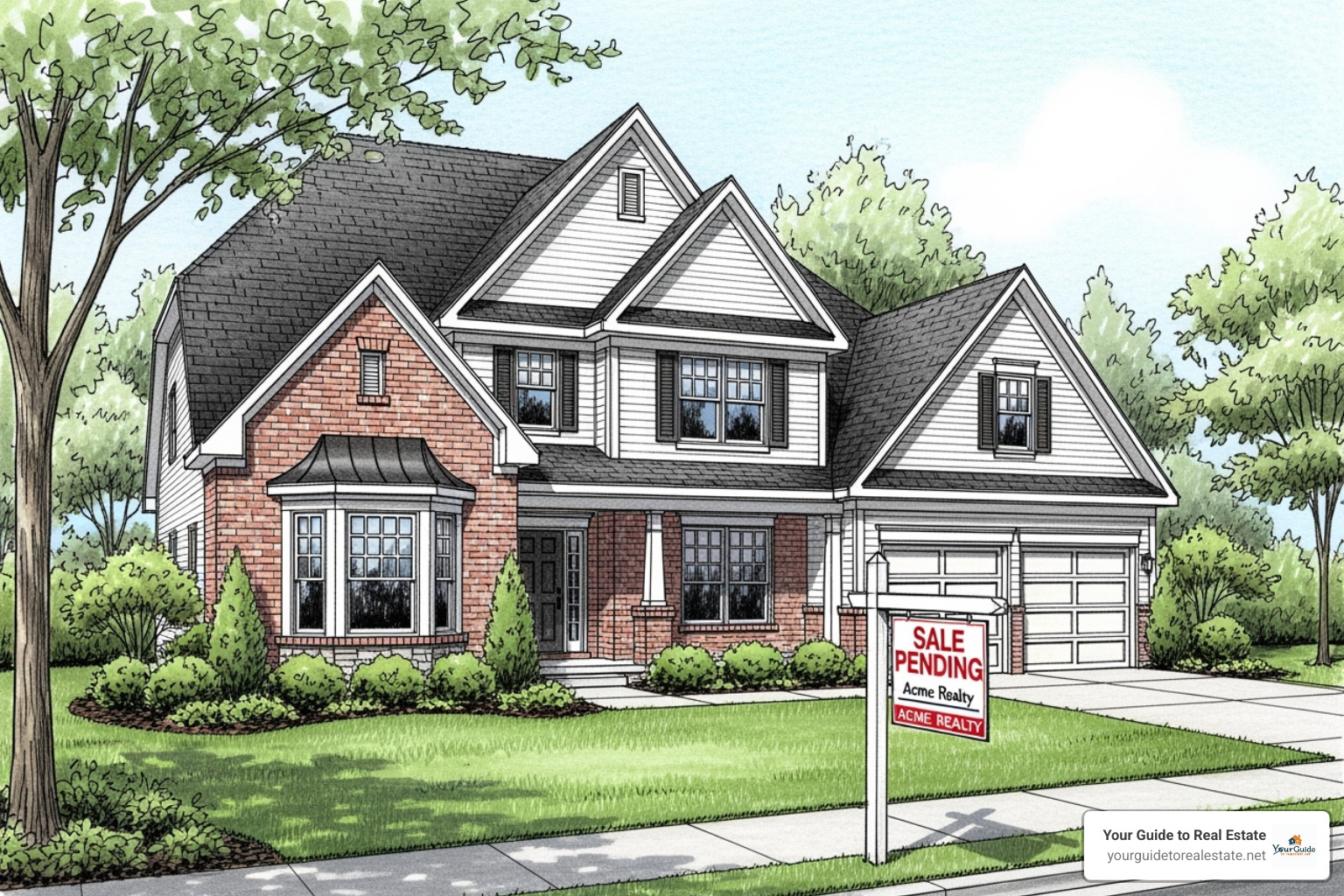 A cartoon house with a "Contingent" sign on the lawn, indicating a conditional sale. - contingent meaning