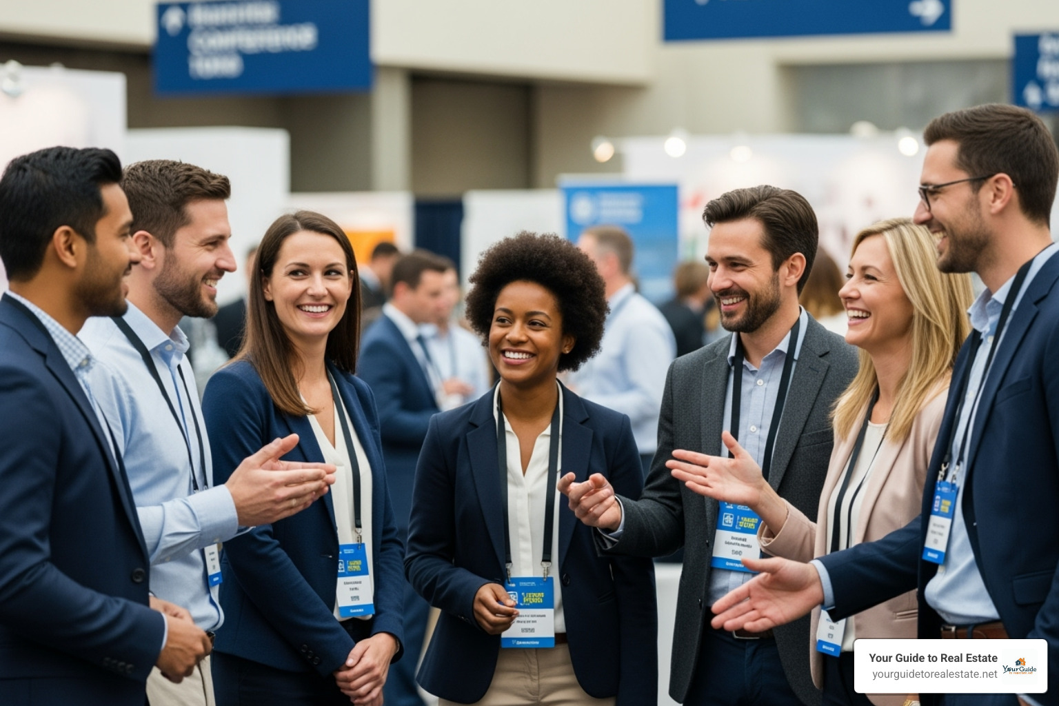 A diverse group of people wearing conference badges, smiling and interacting, representing a professional contingent. - contingent meaning