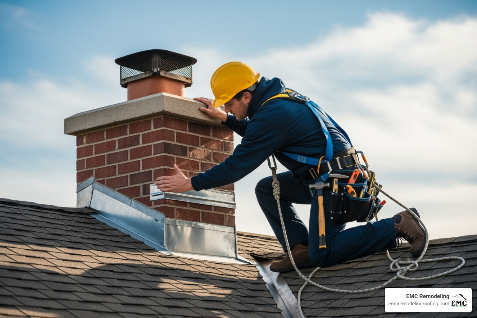 professional roofer safely inspecting a chimney with proper gear - roof leaking around chimney