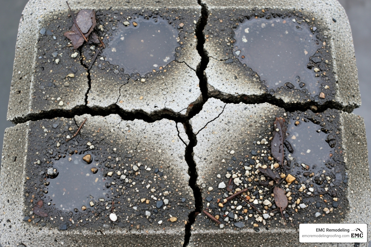 cracked concrete chimney crown with water pooling - roof leaking around chimney