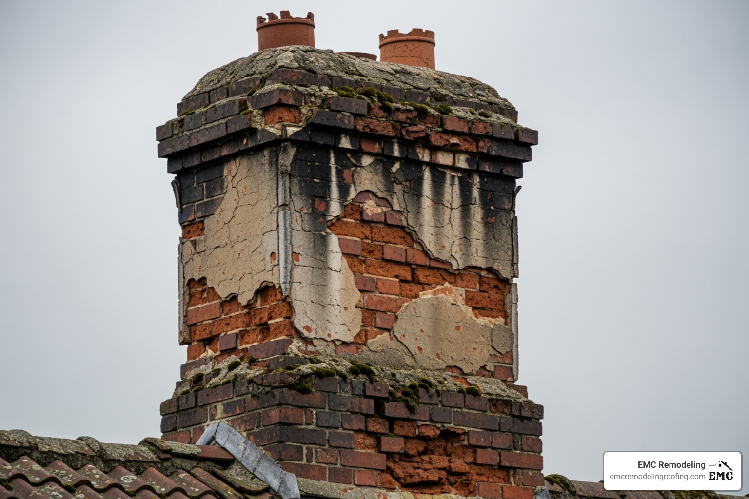 spalling bricks on an old chimney - roof leaking around chimney