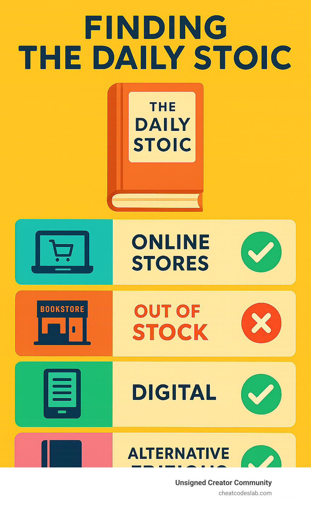 Infographic showing The Daily Stoic availability across different retailers including online stores, physical bookstores, and digital platforms with stock status indicators - daily stoic fully booked infographic 