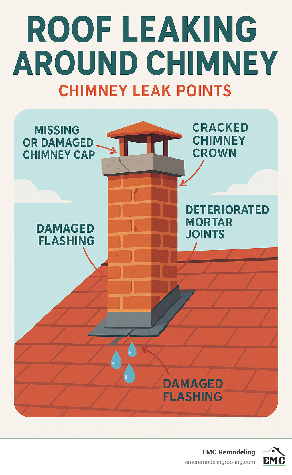 Infographic showing the four main chimney leak points: damaged flashing around the base where roof meets chimney, cracked chimney crown at the top, deteriorated mortar joints between bricks, and missing or damaged chimney cap covering the flue opening - roof leaking around chimney infographic 