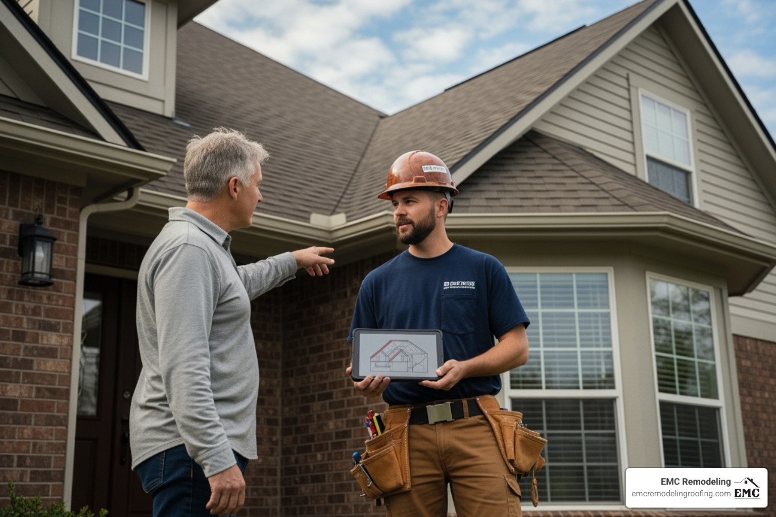 A homeowner talking with a roofing contractor - recommended roofing companies near me