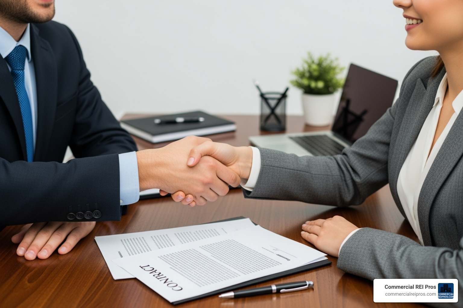 Two people shaking hands over a contract - selling commercial property fast