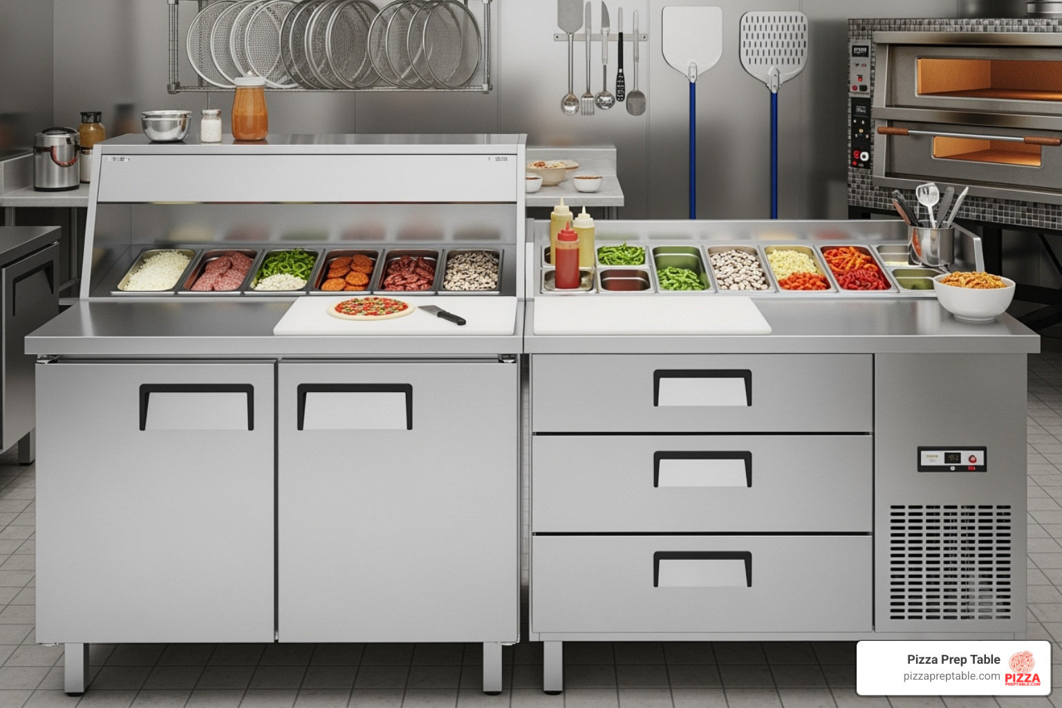 comparing a two-door model next to a four-drawer model - pizza prep table 72