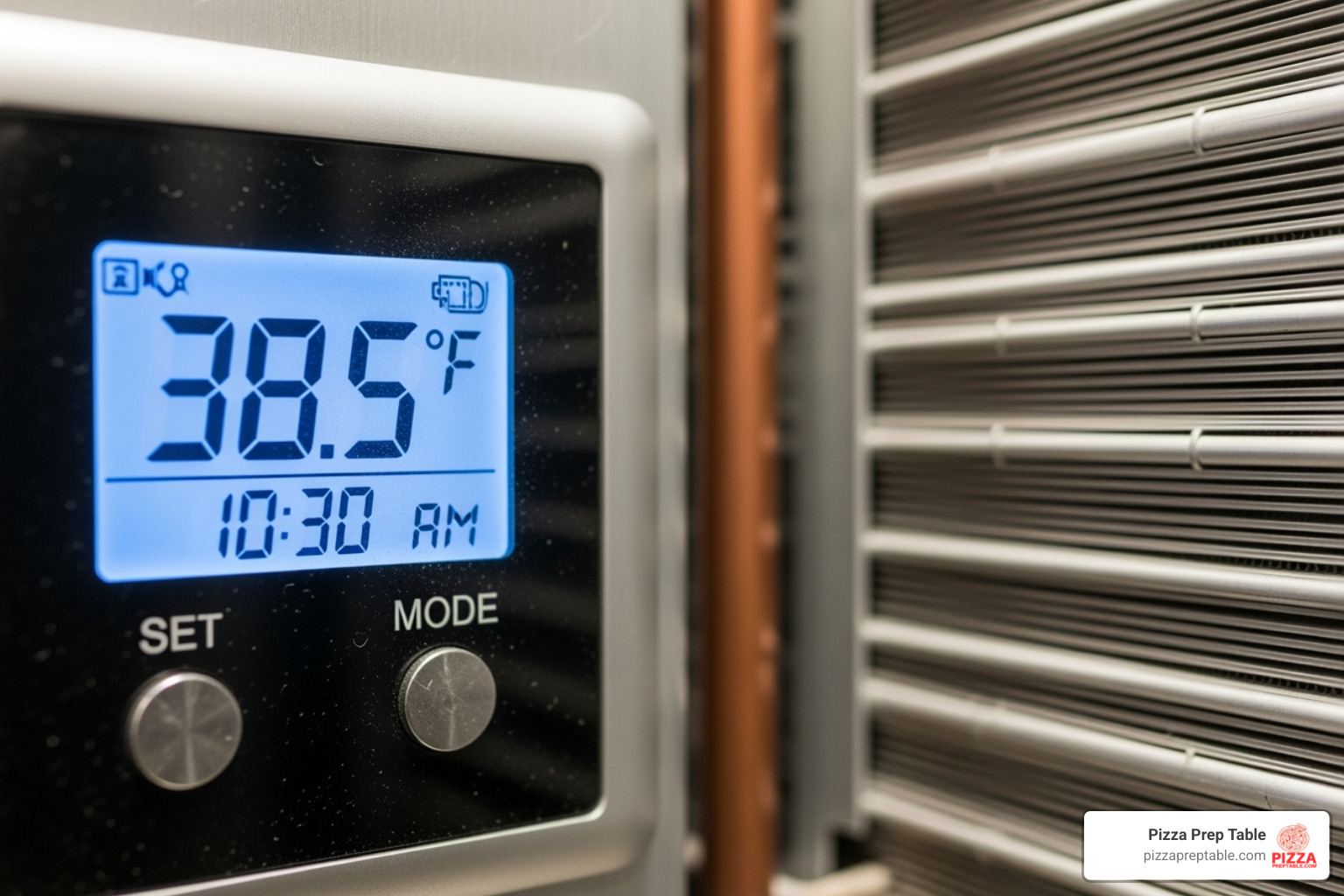 close-up on a digital thermostat and a clean condenser coil - pizza prep table 72