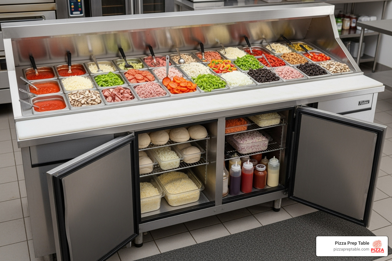 fully stocked 72-inch prep table rail and open base cabinet - pizza prep table 72