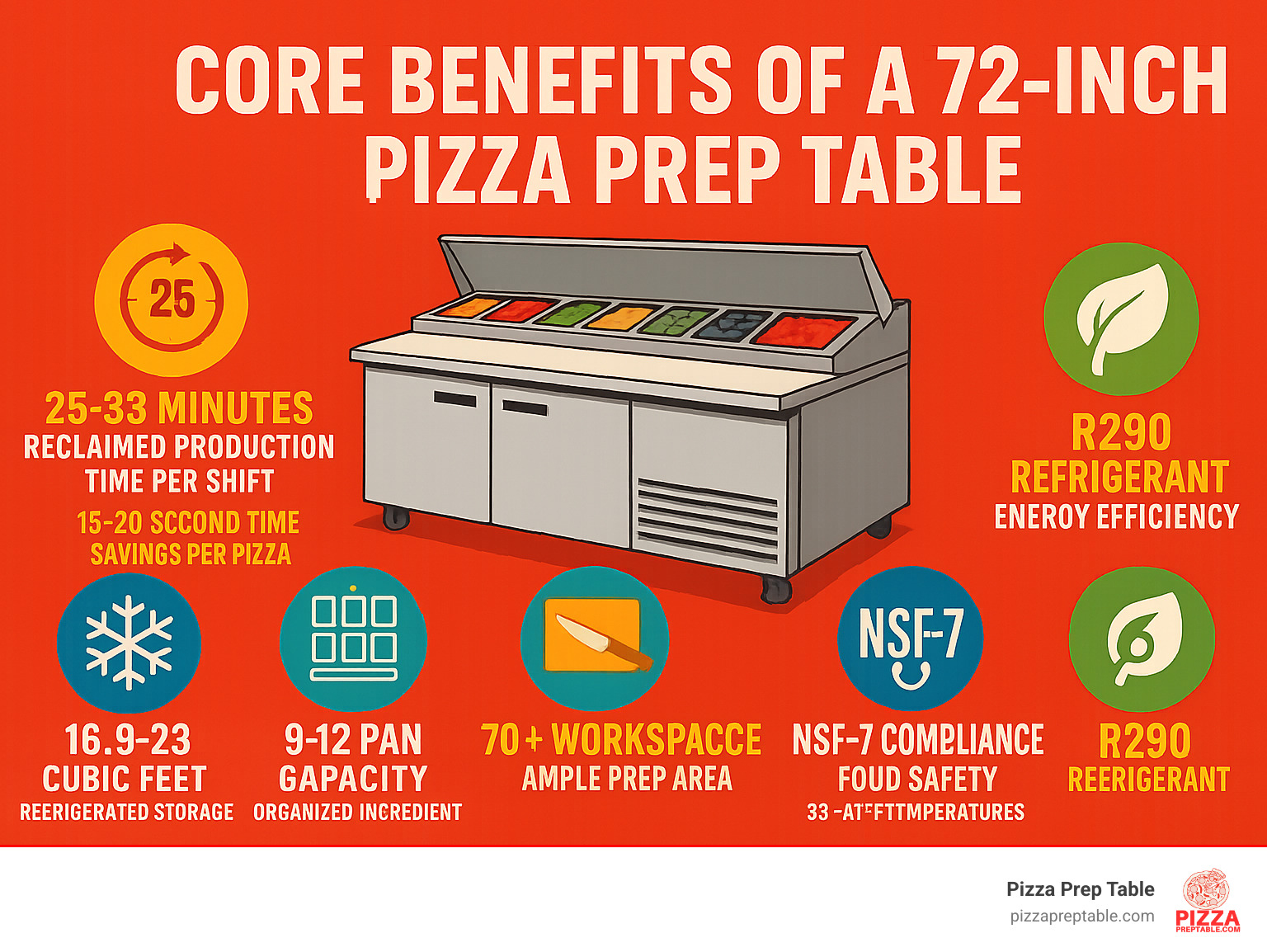 Infographic showing the core benefits of a 72-inch pizza prep table: 25-33 minutes of reclaimed production time per shift through 15-20 second time savings per pizza, 16.9-23 cubic feet of refrigerated storage capacity, 9-12 pan capacity for organized ingredient access, 70+ inch workspace with 19+ inch depth cutting board for ample prep area, NSF-7 compliance maintaining 33-41°F temperatures for food safety, and R290 refrigerant systems for energy efficiency and environmental compliance - pizza prep table 72 infographic 