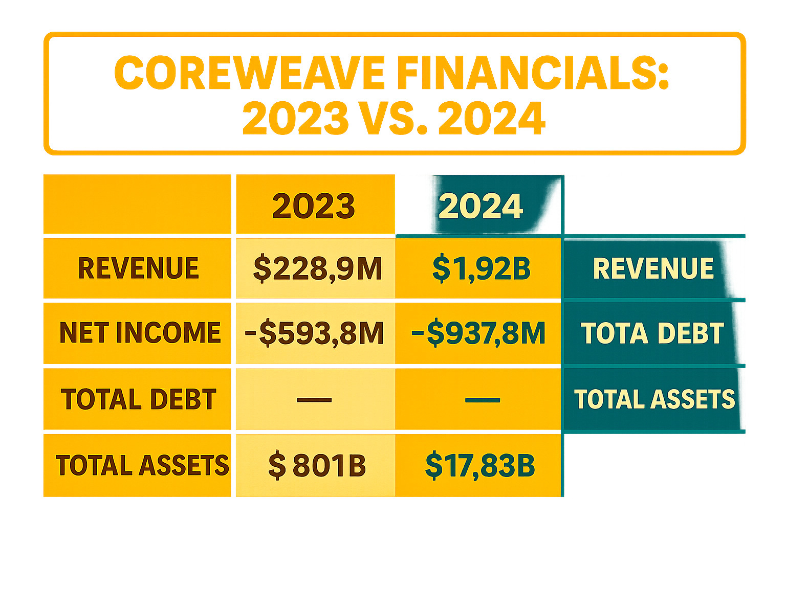 TABLE comparing CoreWeave's financials for 2023 vs. 2024 (Revenue, Net Income, Total Debt, Total Assets) - coreweave stock infographic 