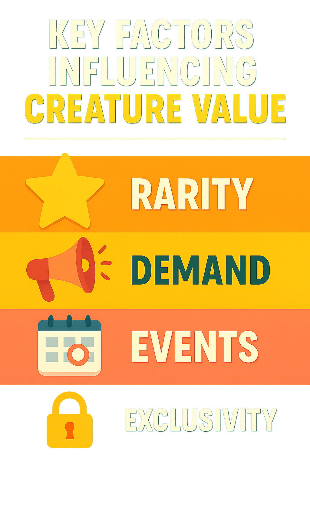 Infographic explaining the key factors that influence creature value: Rarity, Demand, Events, and Exclusivity - cos value list infographic 