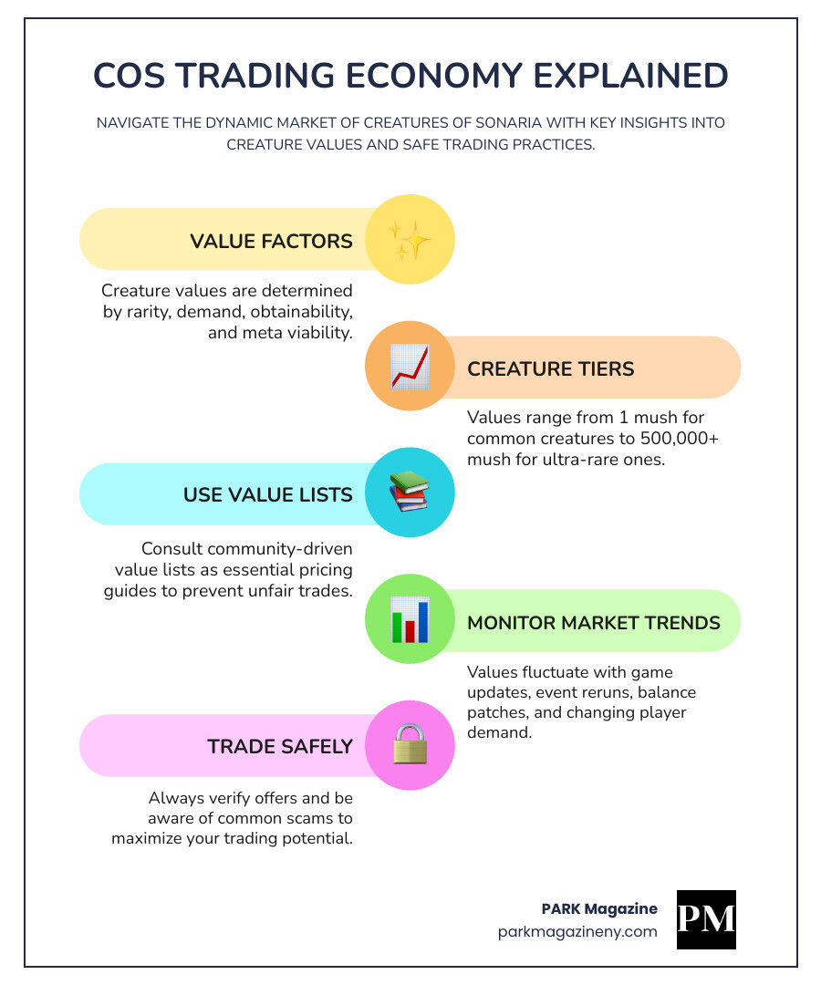 Detailed breakdown of CoS trading economy showing creature rarity tiers, value ranges by obtainability method, factors affecting demand, and trading safety guidelines - cos value list infographic infographic-line-5-steps-colors Detailed breakdown of CoS trading economy showing creature rarity tiers, value ranges by obtainability method, factors affecting demand, and trading safety guidelines - cos value list infographic infographic-line-5-steps-colors
