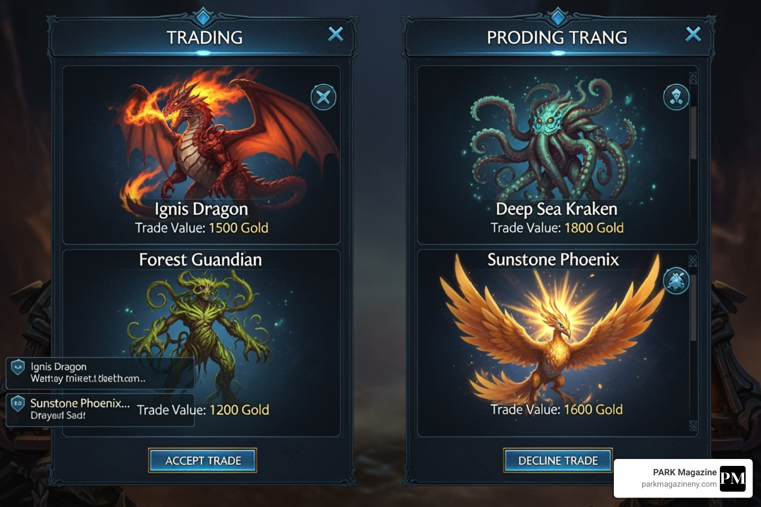 In-game trading interface showing various creatures with their names and potential trade values - cos value list In-game trading interface showing various creatures with their names and potential trade values - cos value list