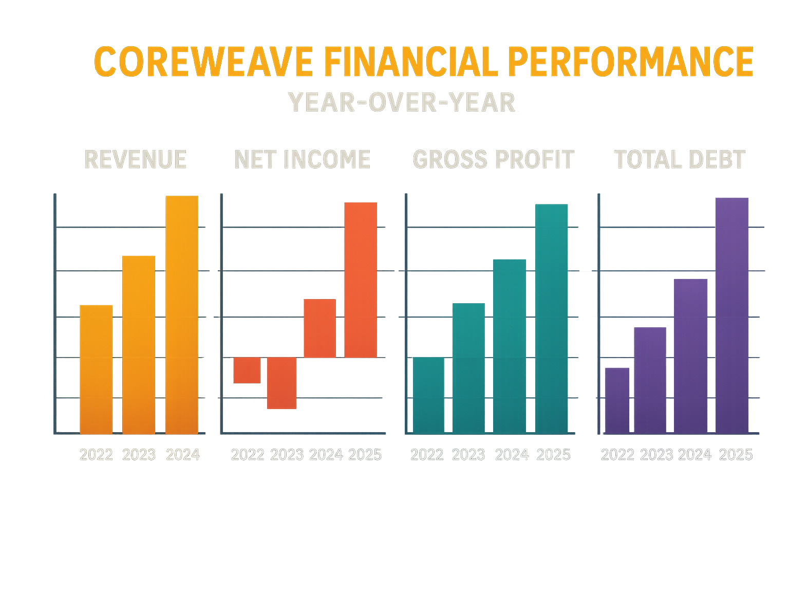 CoreWeave's financial performance year-over-year showing revenue, net income, gross profit, and total debt - coreweave stock infographic 