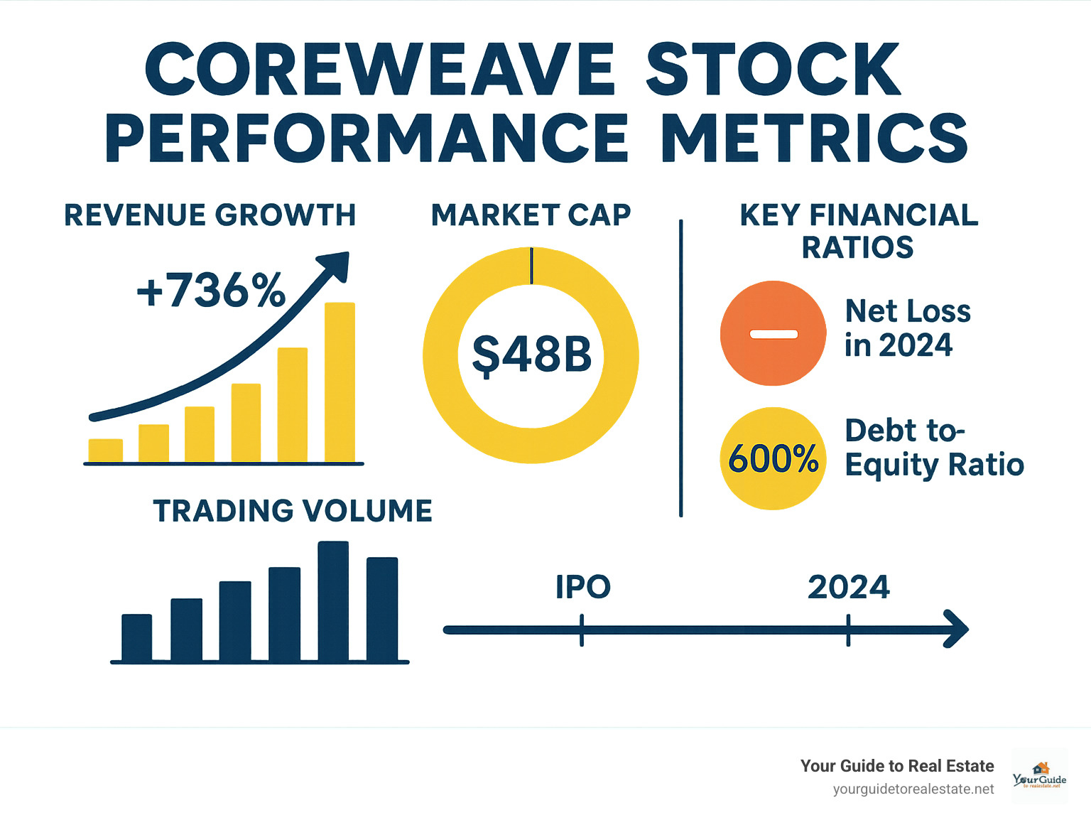 CoreWeave stock performance metrics including revenue growth, market cap, trading volume, and key financial ratios from IPO through current period - coreweave stock infographic 
