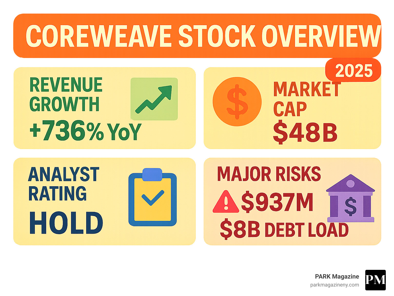 CoreWeave Stock Overview: Key metrics including revenue growth of 736% YoY, market cap of $48B, analyst hold rating, and major risks including $937M losses and $8B debt load - coreweave stock infographic CoreWeave Stock Overview: Key metrics including revenue growth of 736% YoY, market cap of $48B, analyst hold rating, and major risks including $937M losses and $8B debt load - coreweave stock infographic