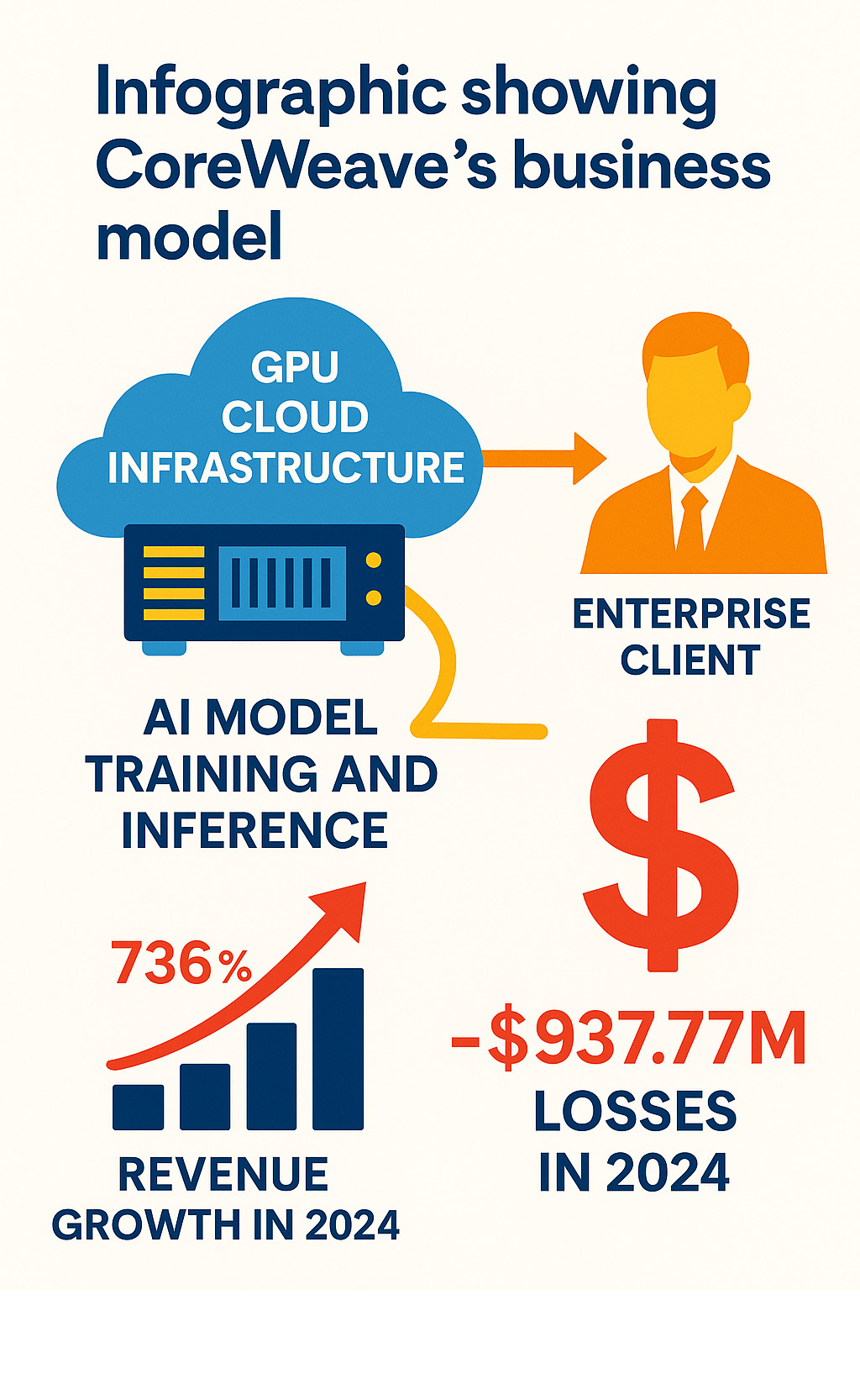 Infographic showing CoreWeave's business model: GPU cloud infrastructure powering AI model training and inference for enterprise clients, with revenue growth of 736% in 2024 but losses of $937.77 million, illustrating the high-growth, high-investment nature of AI infrastructure companies - coreweave stock infographic 