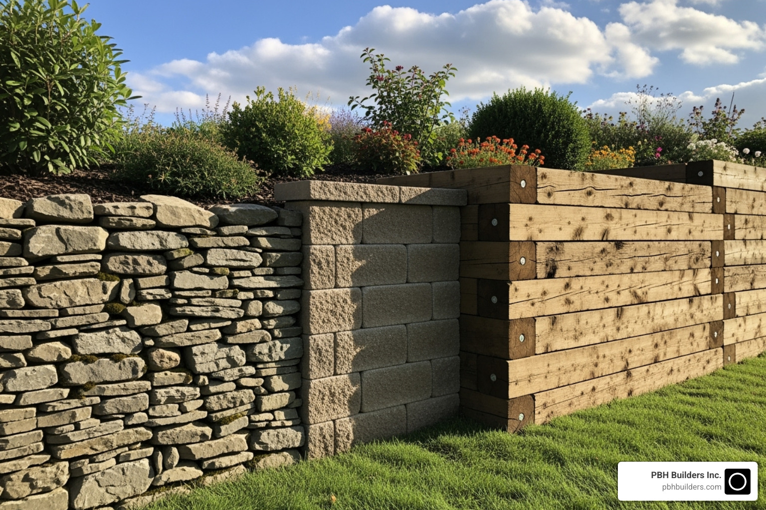 Showcasing various retaining wall materials like natural stone, concrete blocks, and wood - retaining wall installers