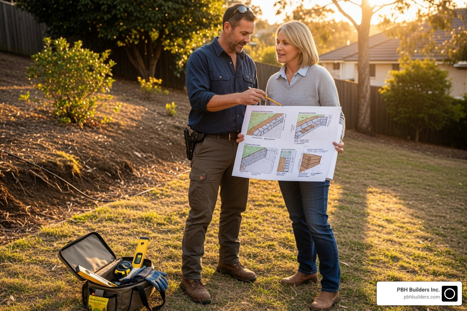 A professional contractor discussing retaining wall plans with a homeowner on a sloped backyard - retaining wall installers