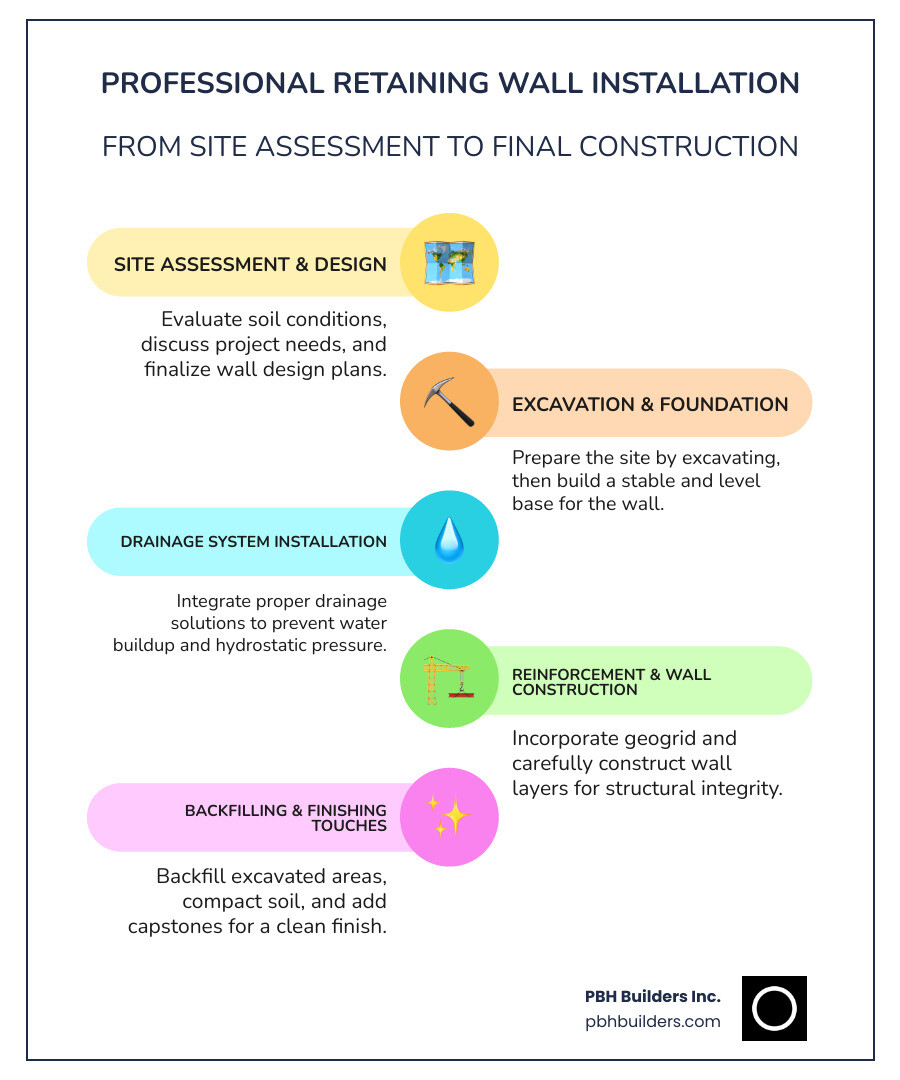 Comprehensive infographic showing the retaining wall installation process from site assessment through final construction, including key steps like excavation, foundation preparation, drainage installation, reinforcement placement, and material selection considerations for San Diego's climate - retaining wall installers infographic infographic-line-5-steps-colors