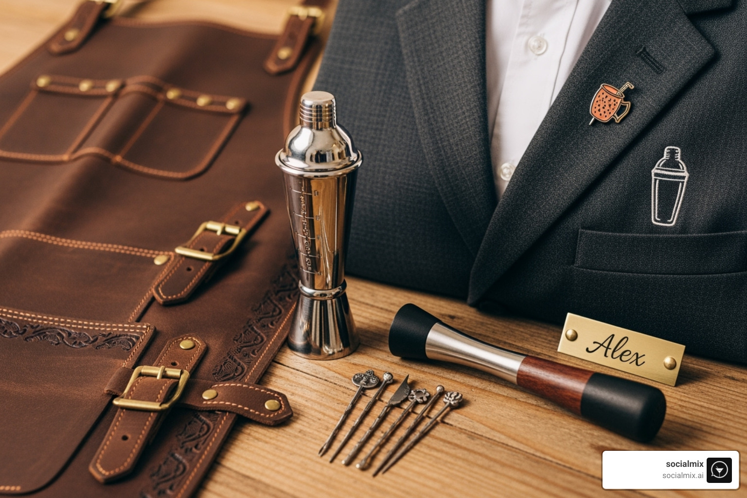 A collection of personalized bartender accessories, including a stylish leather apron, a custom-embroidered vest, a unique lapel pin, and a sleek jigger - sexy bartender uniforms