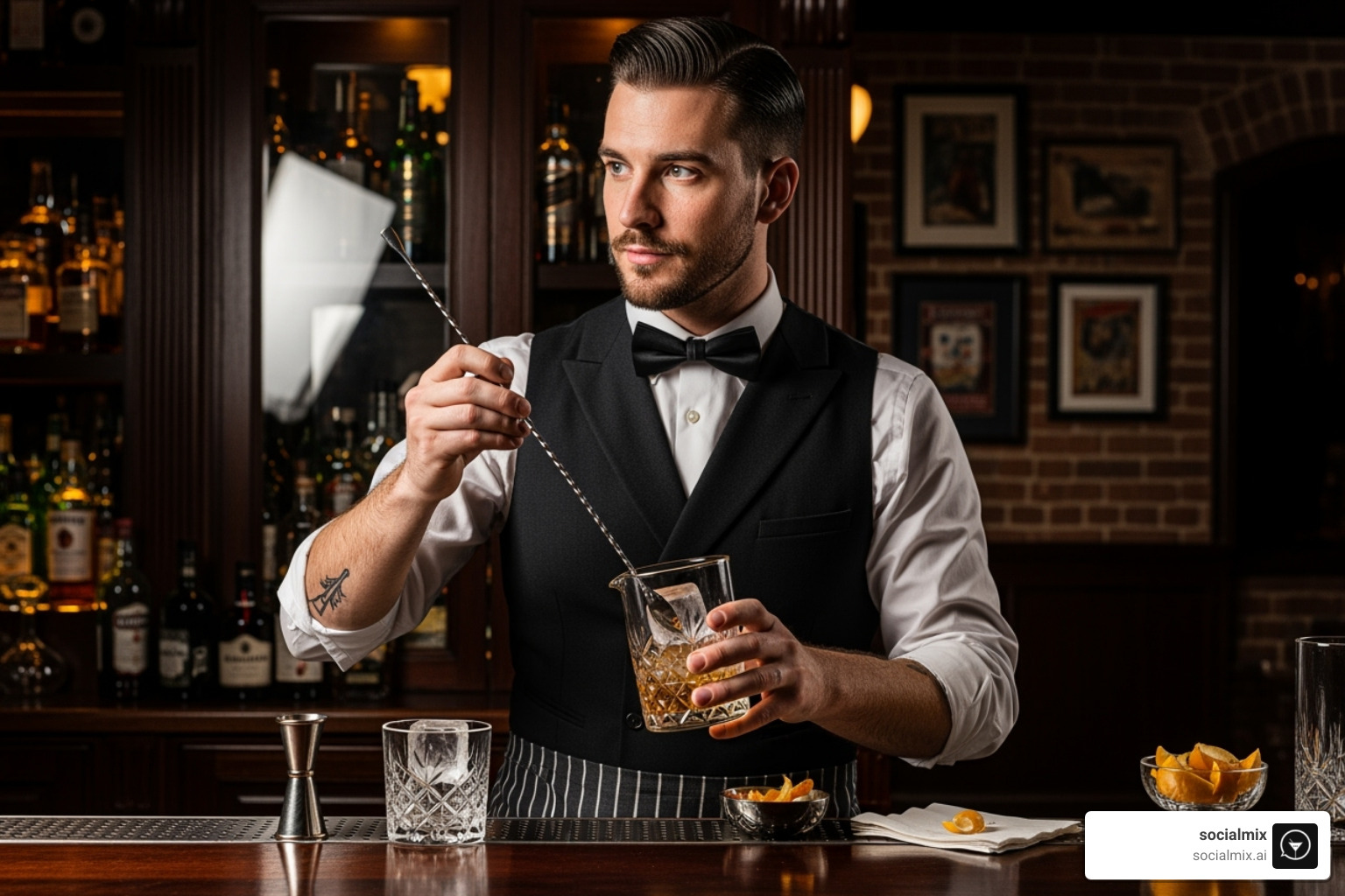A bartender in a classic speakeasy-style vest and bow tie, with a mixing glass and bar spoon visible on the bar counter - sexy bartender uniforms