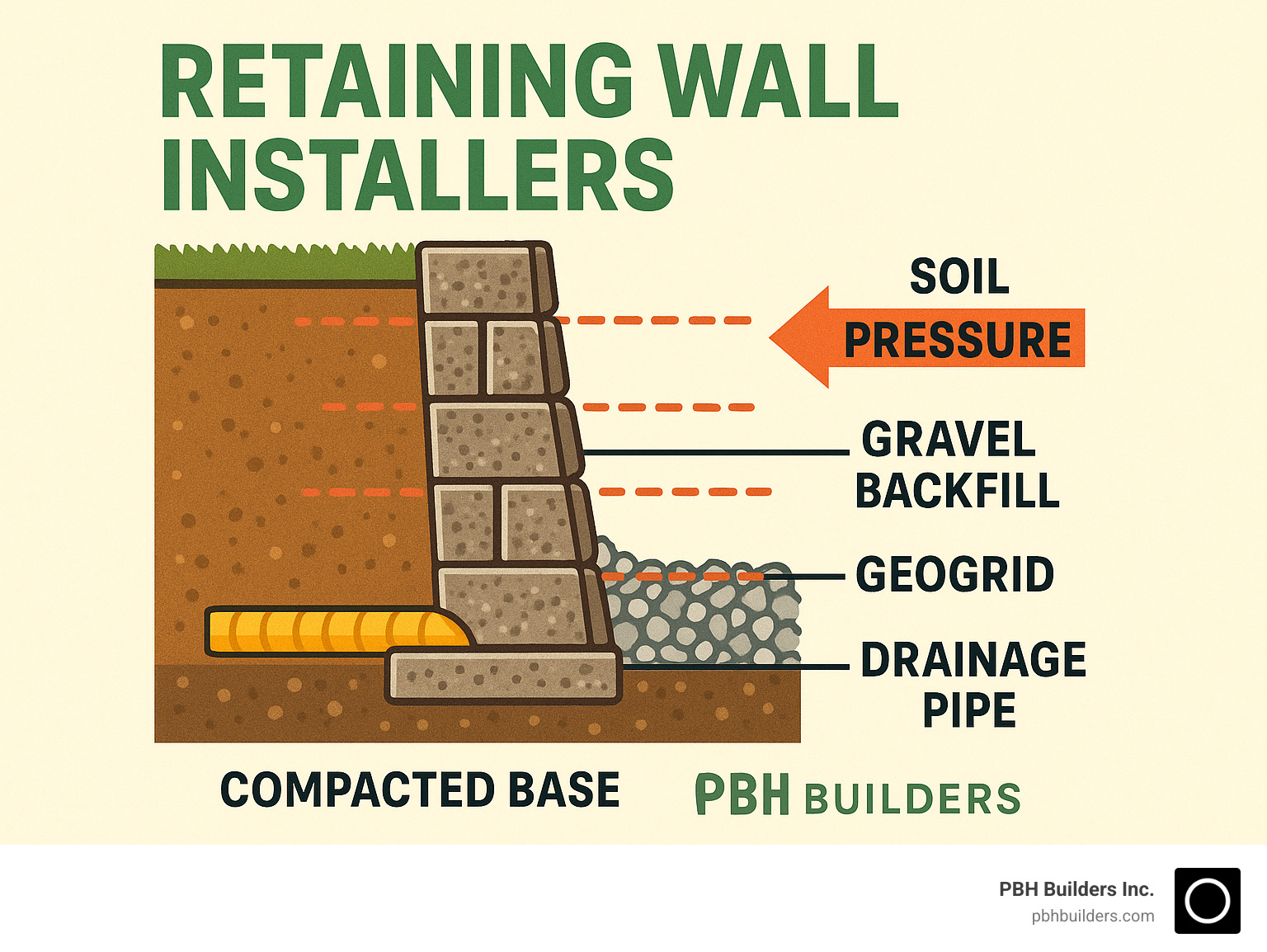 A detailed illustration of a retaining wall's cross-section, highlighting the compacted base, drainage pipe, gravel backfill, and geogrid layers, with an arrow indicating soil pressure - retaining wall installers infographic 