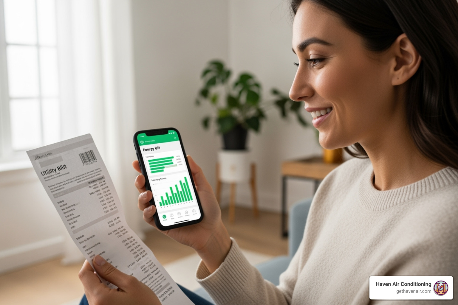 Homeowner looking happily at lower energy bill - hvac installation in anaheim ca Homeowner looking happily at lower energy bill - hvac installation in anaheim ca