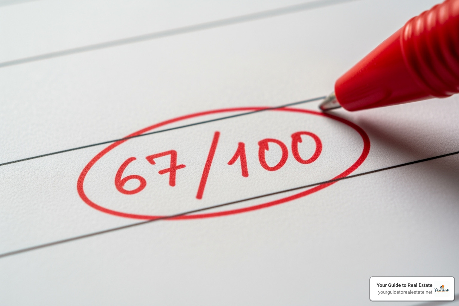 A close-up image of a test paper with a score of "67/100" circled in red ink, indicating a grade - what does 67 mean A close-up image of a test paper with a score of "67/100" circled in red ink, indicating a grade - what does 67 mean