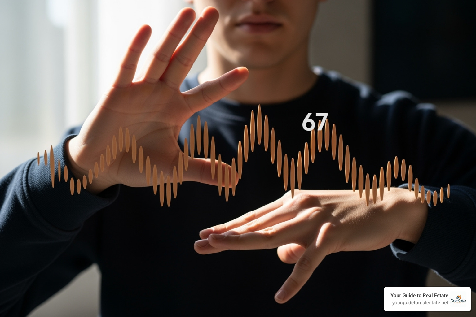 A person performing the '67' hand gesture, with palms facing each other and moving up and down rhythmically - what does 67 mean A person performing the '67' hand gesture, with palms facing each other and moving up and down rhythmically - what does 67 mean